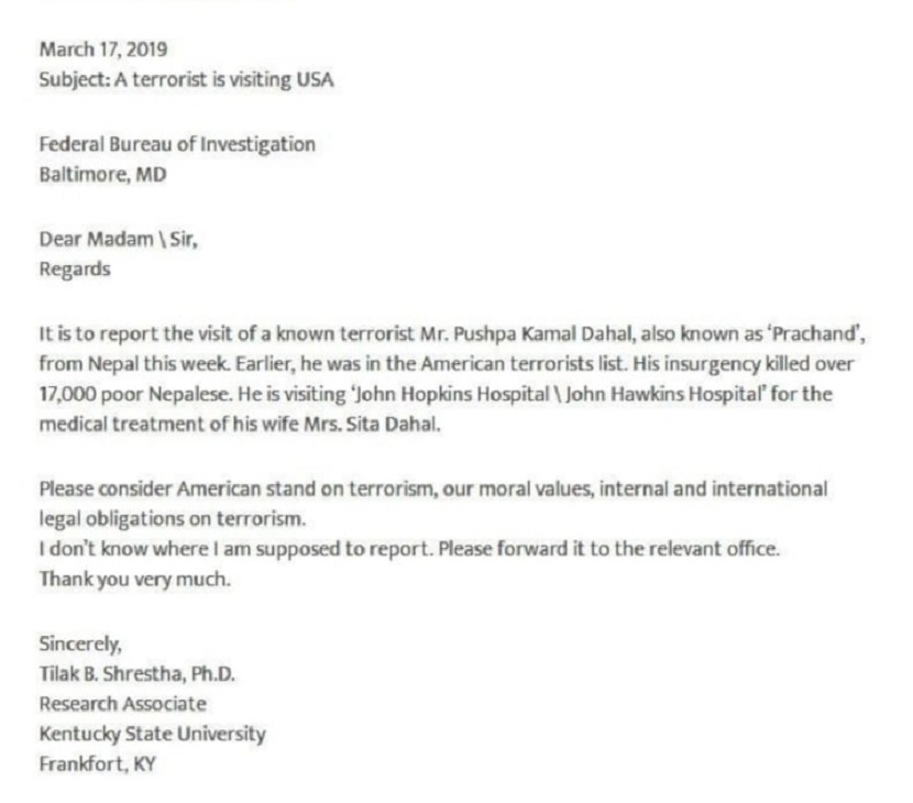 प्रचण्डलाई पक्राउको माग गर्दै अमेरिकामा उजुरी (हेर्नुहोस् निवेदन)